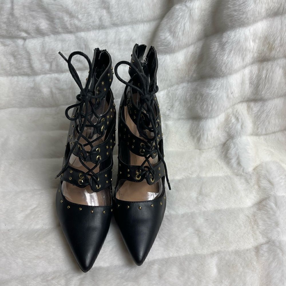 Izabella Rue Grette black studs lace up heels pointed toe with back zipp…